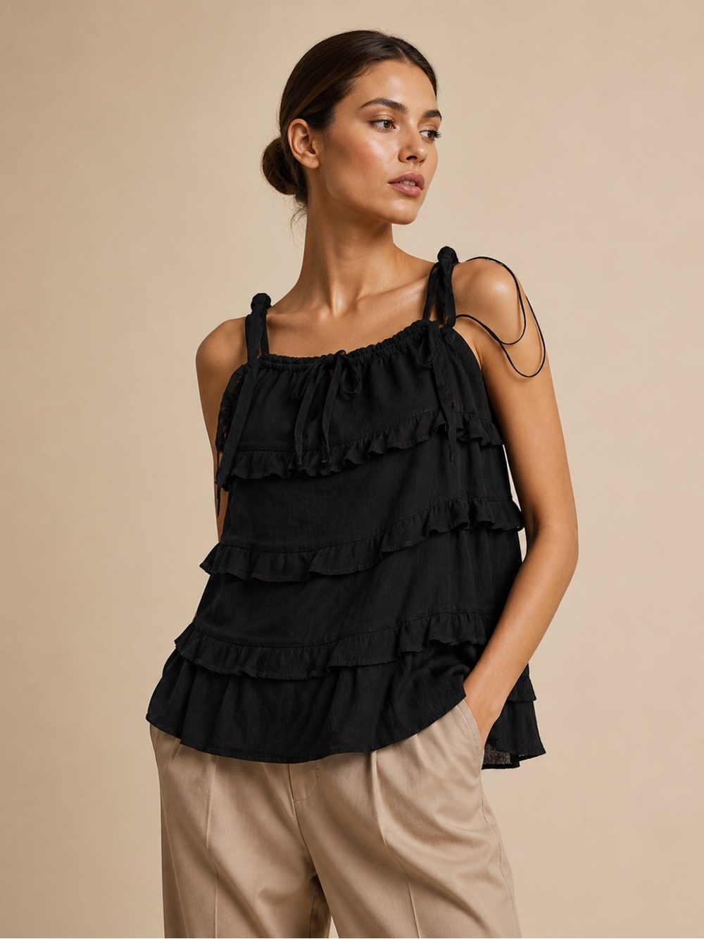 Forever 21 Black Ruffle Tank Top Women Small Layered Flowy Romantic Blouse S